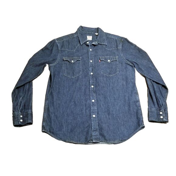 Levi's Shirt Men Size Medium Pearl Snap Blue Denim Cowboy Western Standard Fit - Picture 1 of 5